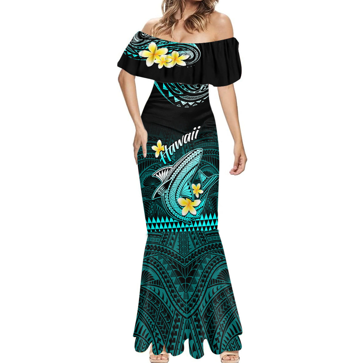 Hawaii Mermaid Dress Polynesian Shark with Kakau Turquoise Version - Wonder Print Shop