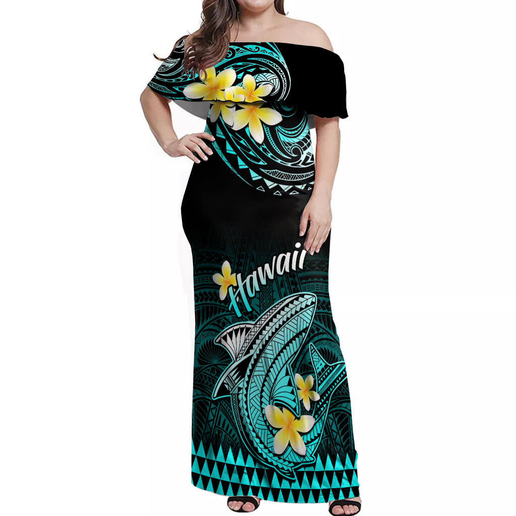 Hawaii Off Shoulder Maxi Dress Polynesian Shark with Kakau Turquoise Version - Wonder Print Shop