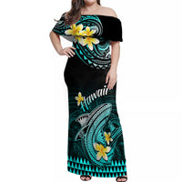 Hawaii Off Shoulder Maxi Dress Polynesian Shark with Kakau Turquoise Version - Wonder Print Shop