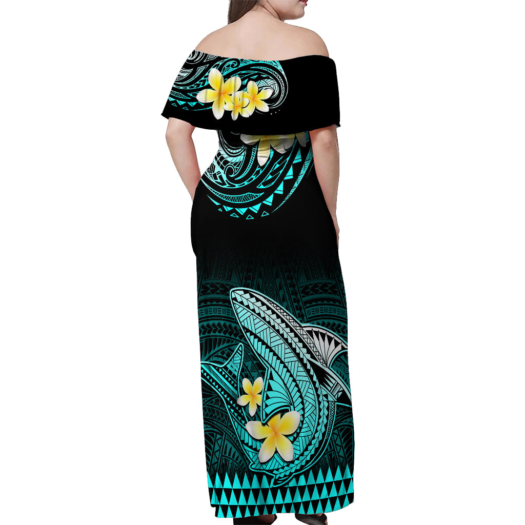 Hawaii Off Shoulder Maxi Dress Polynesian Shark with Kakau Turquoise Version - Wonder Print Shop