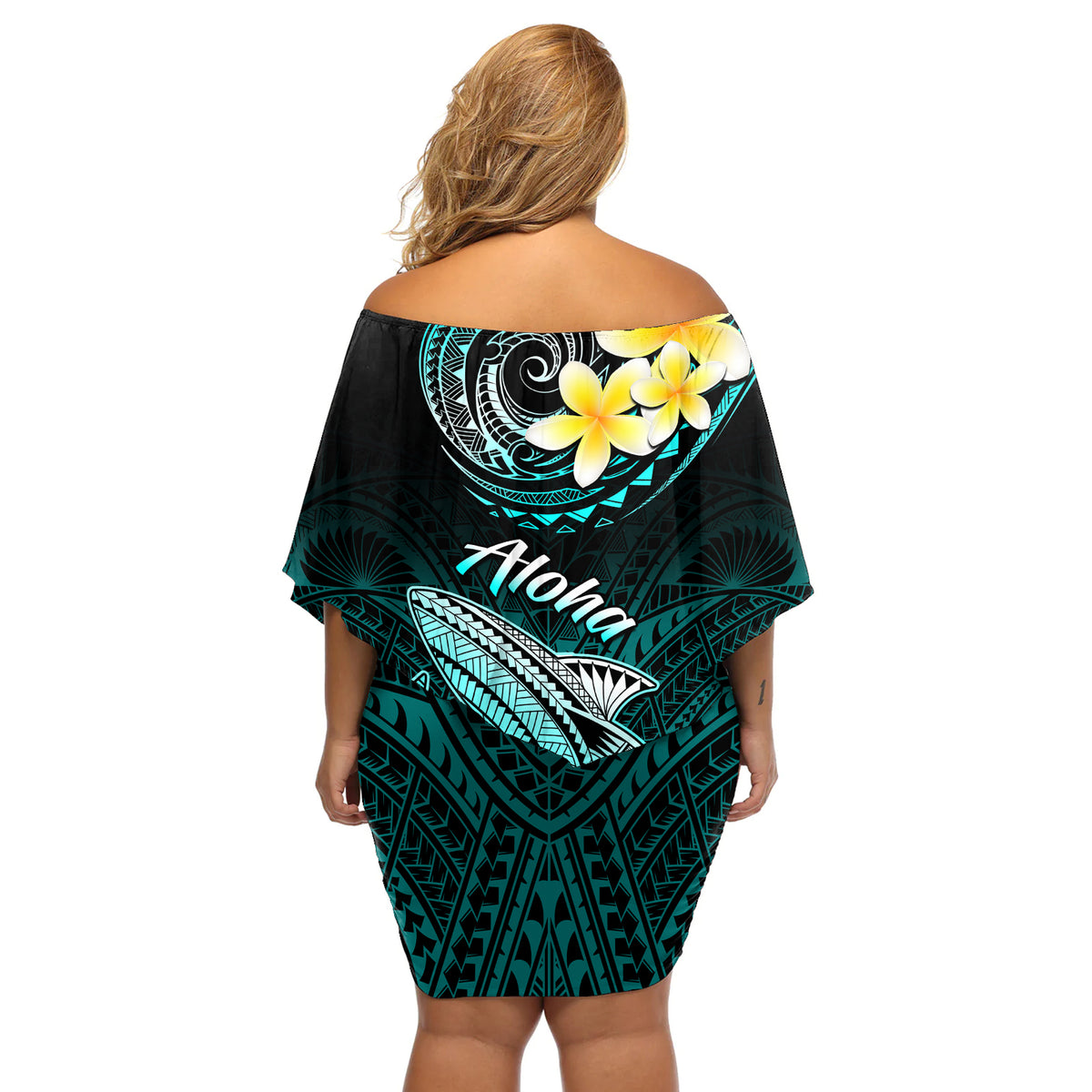 Hawaii Off Shoulder Short Dress Polynesian Shark with Kakau Turquoise Version - Wonder Print Shop