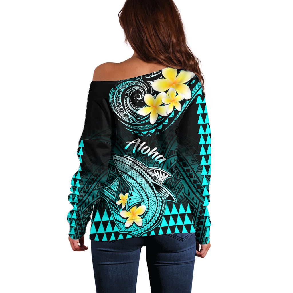 Hawaii Off Shoulder Sweater Polynesian Shark with Kakau Turquoise Version - Wonder Print Shop