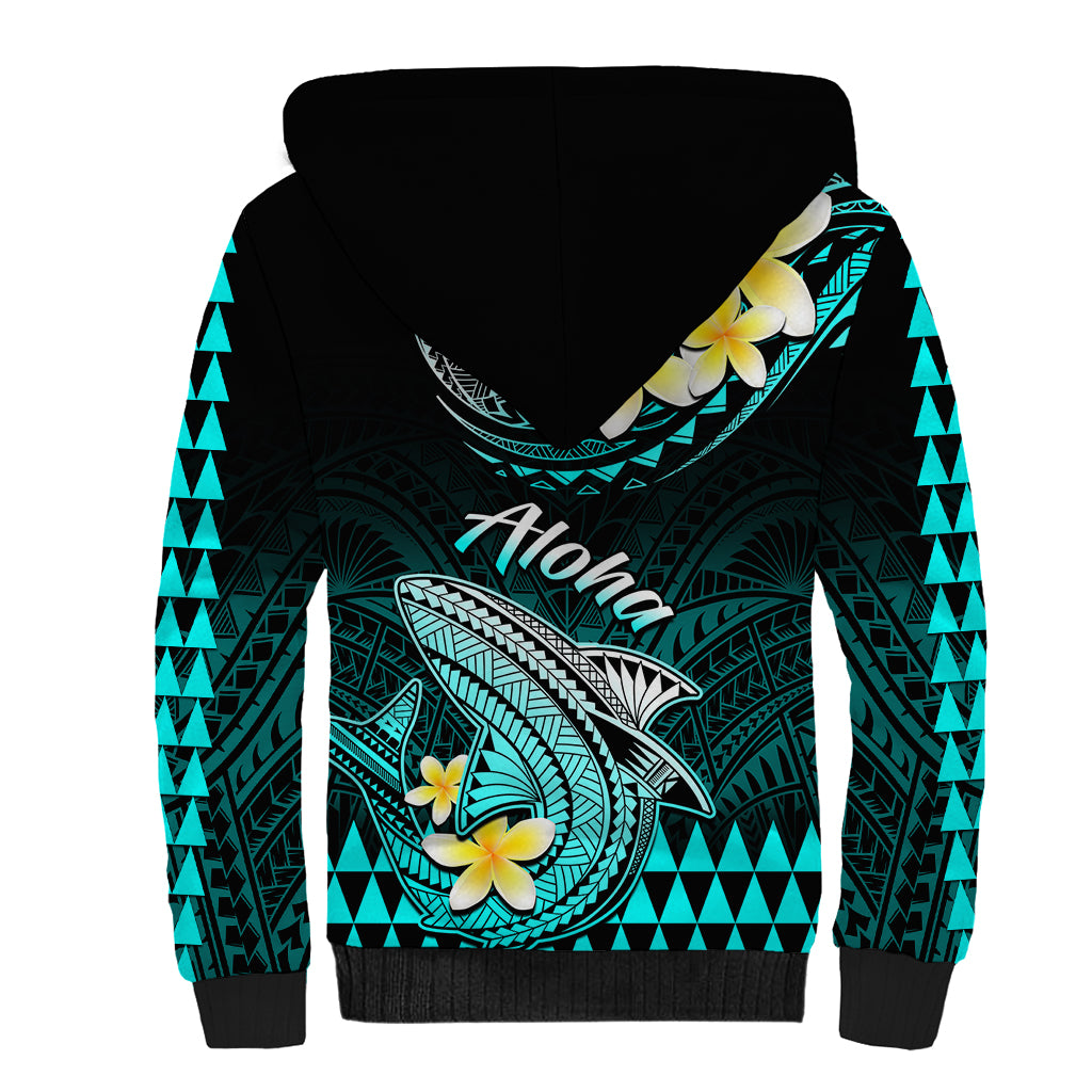 Hawaii Sherpa Hoodie Polynesian Shark with Kakau Turquoise Version - Wonder Print Shop