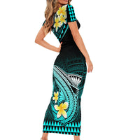 Hawaii Short Sleeve Bodycon Dress Polynesian Shark with Kakau Turquoise Version - Wonder Print Shop