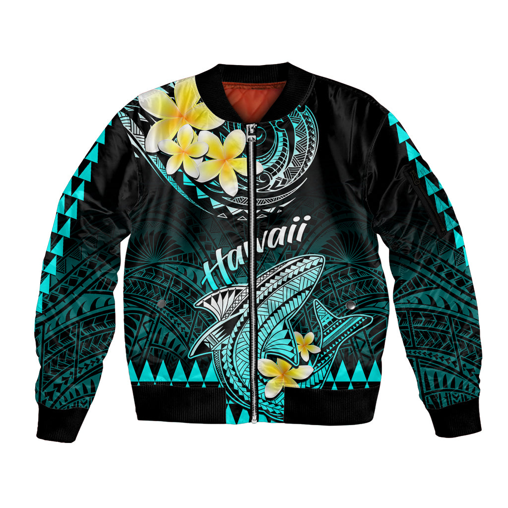Hawaii Sleeve Zip Bomber Jacket Polynesian Shark with Kakau Turquoise Version - Wonder Print Shop
