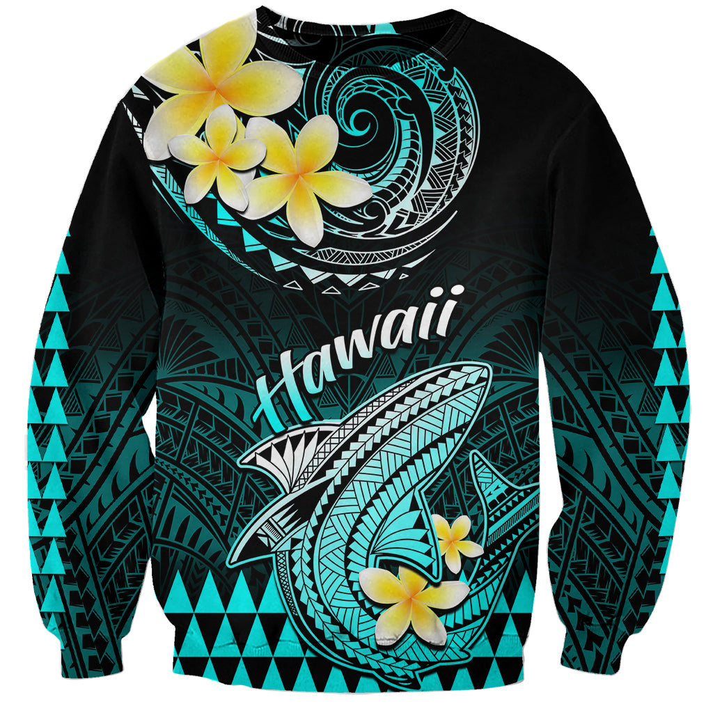 Hawaii Sweatshirt Polynesian Shark with Kakau Turquoise Version - Wonder Print Shop