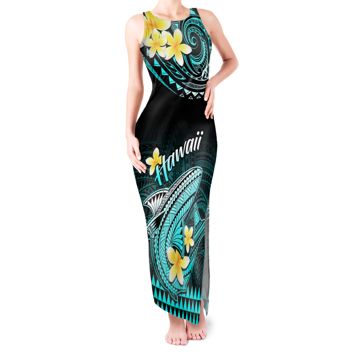 Hawaii Tank Maxi Dress Polynesian Shark with Kakau Turquoise Version - Wonder Print Shop