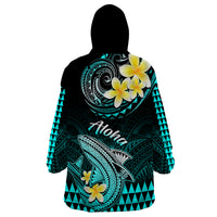 Hawaii Wearable Blanket Hoodie Polynesian Shark with Kakau Turquoise Version - Wonder Print Shop