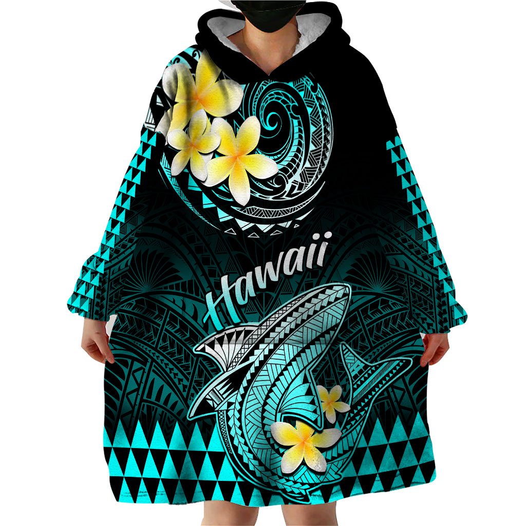 Hawaii Wearable Blanket Hoodie Polynesian Shark with Kakau Turquoise Version - Wonder Print Shop