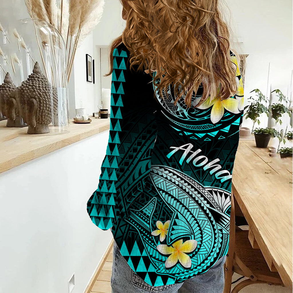 Hawaii Women Casual Shirt Polynesian Shark with Kakau Turquoise Version - Wonder Print Shop