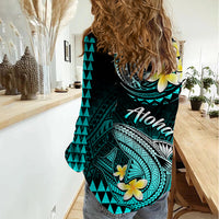 Hawaii Women Casual Shirt Polynesian Shark with Kakau Turquoise Version - Wonder Print Shop