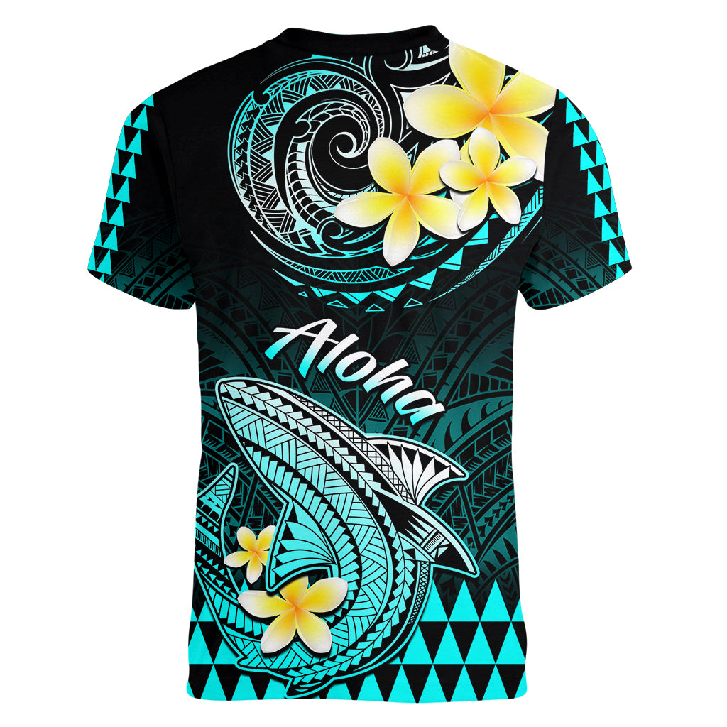 Hawaii Women V Neck T Shirt Polynesian Shark with Kakau Turquoise Version - Wonder Print Shop