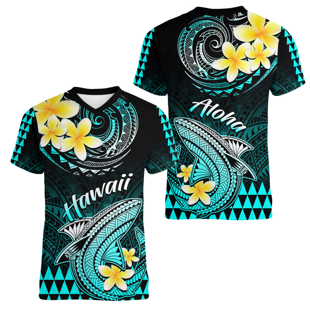 Hawaii Women V Neck T Shirt Polynesian Shark with Kakau Turquoise Version - Wonder Print Shop