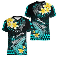 Hawaii Women V Neck T Shirt Polynesian Shark with Kakau Turquoise Version - Wonder Print Shop