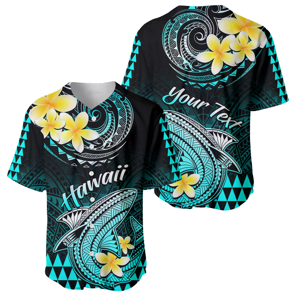 Personalised Hawaii Baseball Jersey Polynesian Shark with Kakau Turquoise Version - Wonder Print Shop