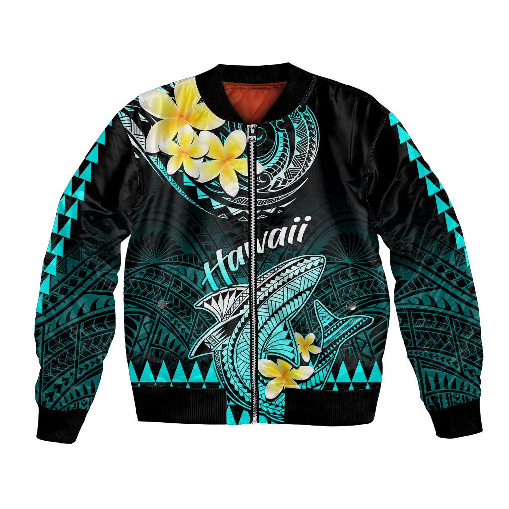 Personalised Hawaii Bomber Jacket Polynesian Shark with Kakau Turquoise Version - Wonder Print Shop