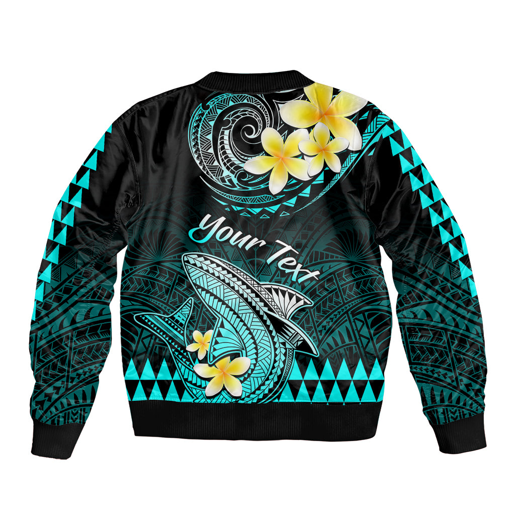 Personalised Hawaii Bomber Jacket Polynesian Shark with Kakau Turquoise Version - Wonder Print Shop