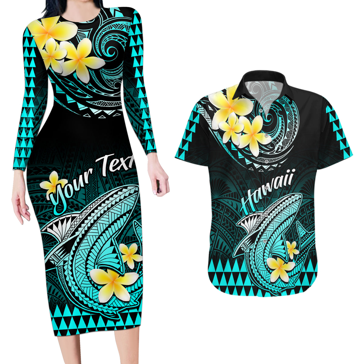 Personalised Hawaii Couples Matching Long Sleeve Bodycon Dress and Hawaiian Shirt Polynesian Shark with Kakau Turquoise Version - Wonder Print Shop