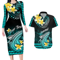 Personalised Hawaii Couples Matching Long Sleeve Bodycon Dress and Hawaiian Shirt Polynesian Shark with Kakau Turquoise Version - Wonder Print Shop