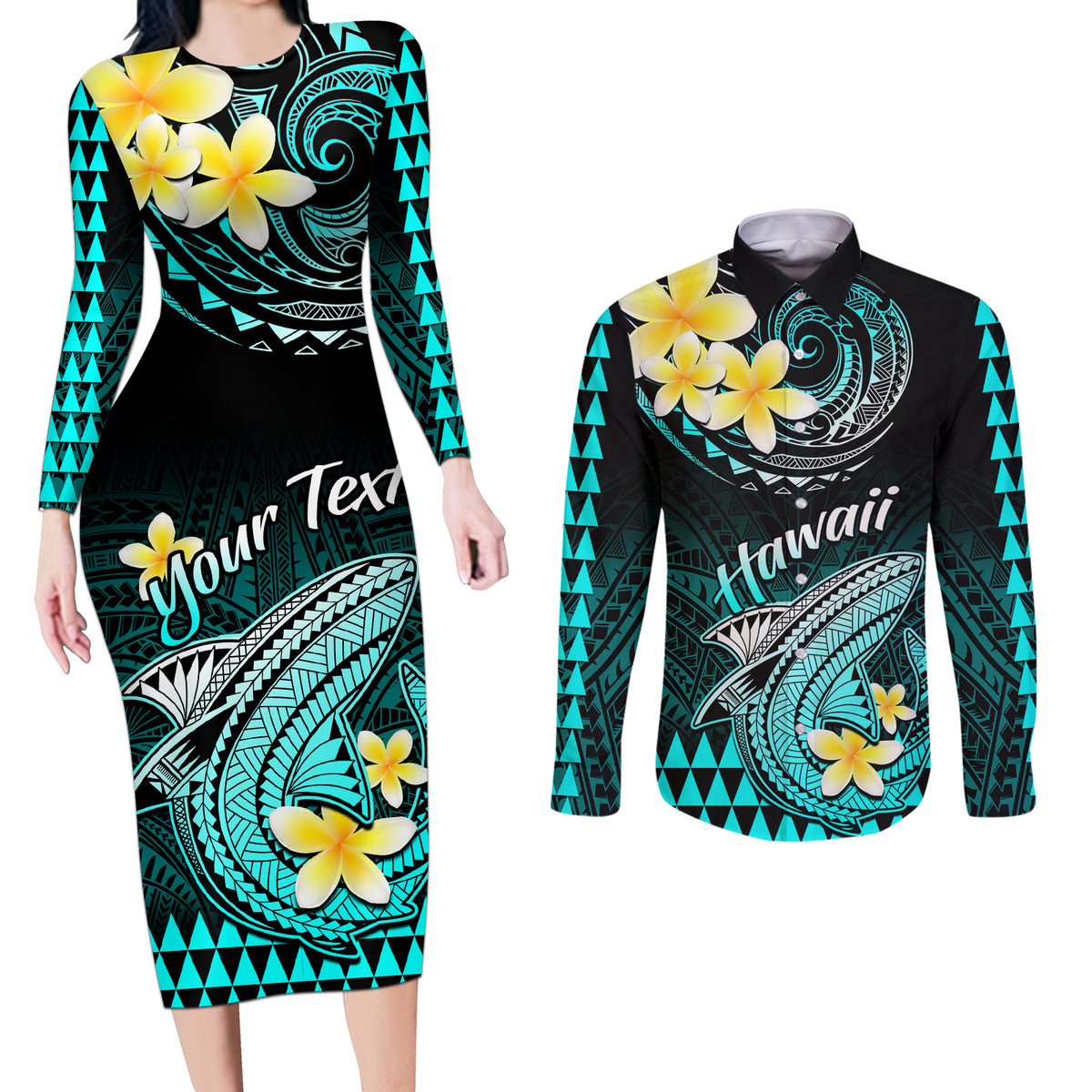 Personalised Hawaii Couples Matching Long Sleeve Bodycon Dress and Long Sleeve Button Shirts Polynesian Shark with Kakau Turquoise Version - Wonder Print Shop