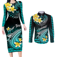 Personalised Hawaii Couples Matching Long Sleeve Bodycon Dress and Long Sleeve Button Shirts Polynesian Shark with Kakau Turquoise Version - Wonder Print Shop
