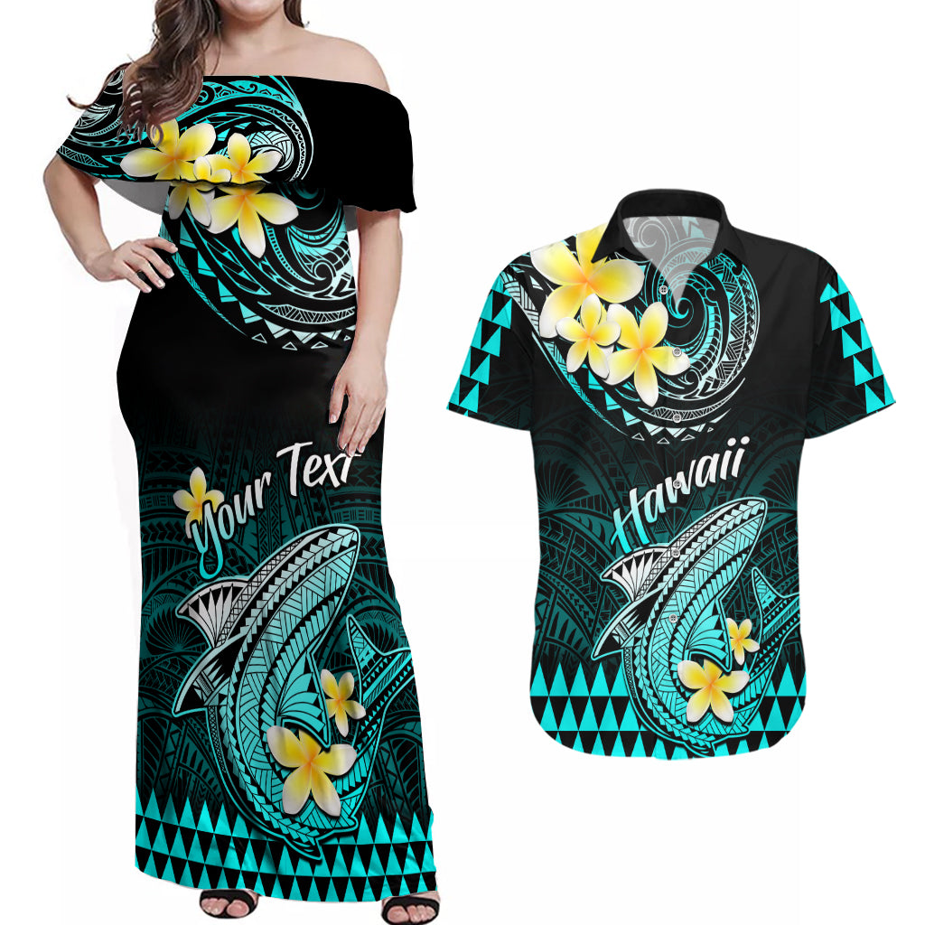 Personalised Hawaii Couples Matching Off Shoulder Maxi Dress and Hawaiian Shirt Polynesian Shark with Kakau Turquoise Version - Wonder Print Shop