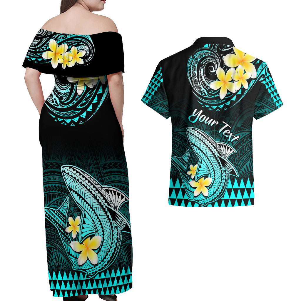 Personalised Hawaii Couples Matching Off Shoulder Maxi Dress and Hawaiian Shirt Polynesian Shark with Kakau Turquoise Version - Wonder Print Shop