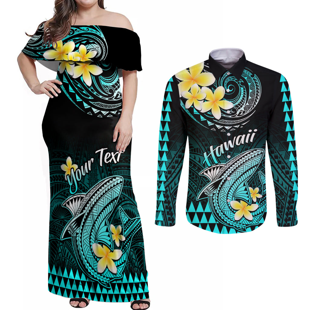 Personalised Hawaii Couples Matching Off Shoulder Maxi Dress and Long Sleeve Button Shirts Polynesian Shark with Kakau Turquoise Version - Wonder Print Shop
