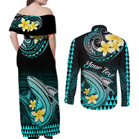 Personalised Hawaii Couples Matching Off Shoulder Maxi Dress and Long Sleeve Button Shirts Polynesian Shark with Kakau Turquoise Version - Wonder Print Shop