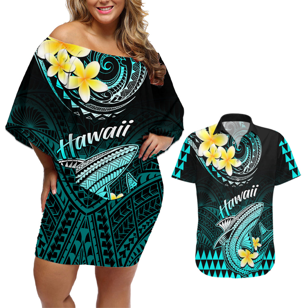 Personalised Hawaii Couples Matching Off Shoulder Short Dress and Hawaiian Shirt Polynesian Shark with Kakau Turquoise Version - Wonder Print Shop