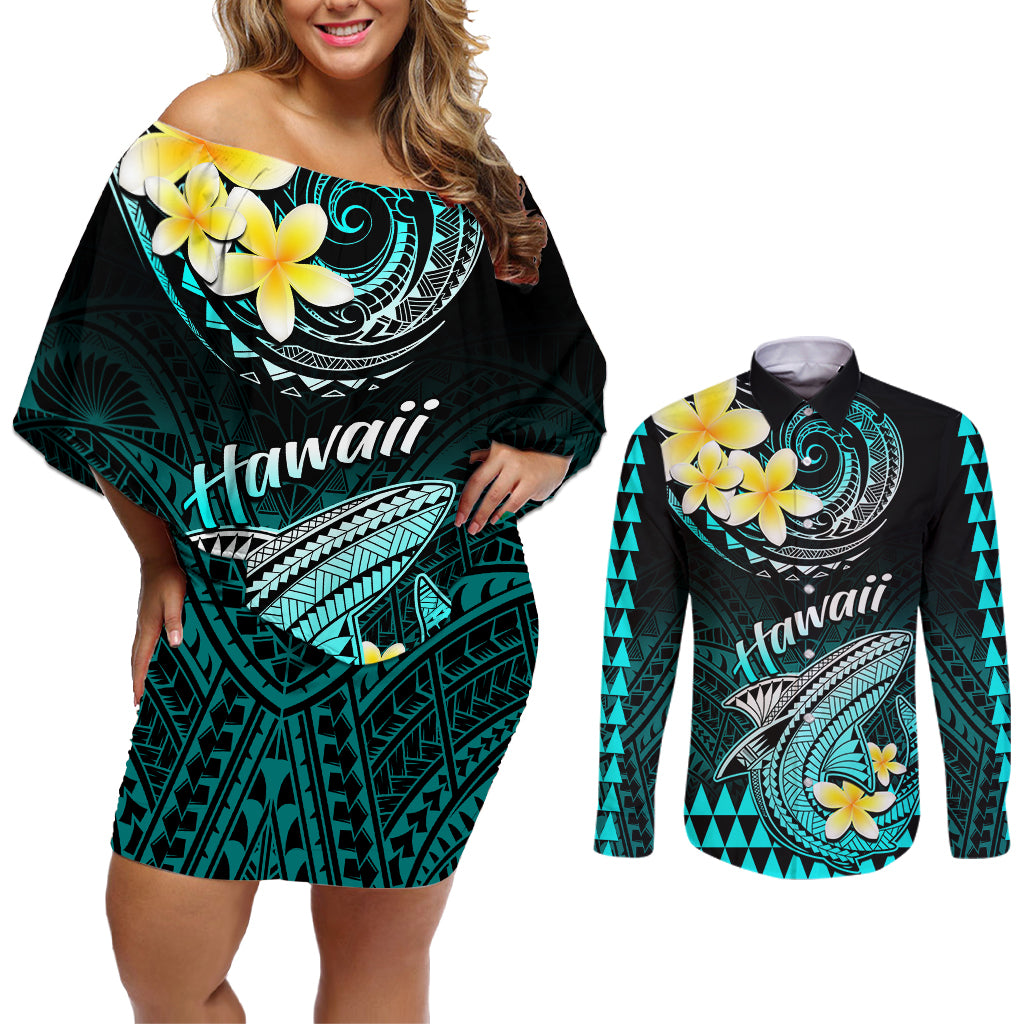 Personalised Hawaii Couples Matching Off Shoulder Short Dress and Long Sleeve Button Shirts Polynesian Shark with Kakau Turquoise Version - Wonder Print Shop