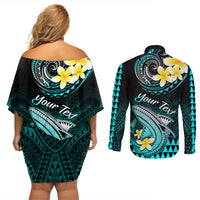 Personalised Hawaii Couples Matching Off Shoulder Short Dress and Long Sleeve Button Shirts Polynesian Shark with Kakau Turquoise Version - Wonder Print Shop