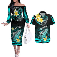 Personalised Hawaii Couples Matching Off The Shoulder Long Sleeve Dress and Hawaiian Shirt Polynesian Shark with Kakau Turquoise Version - Wonder Print Shop