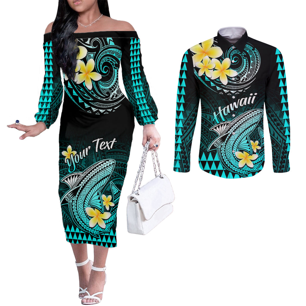 personalised-hawaii-couples-matching-off-the-shoulder-long-sleeve-dress-and-long-sleeve-button-shirts-polynesian-shark-with-kakau-turquoise-version