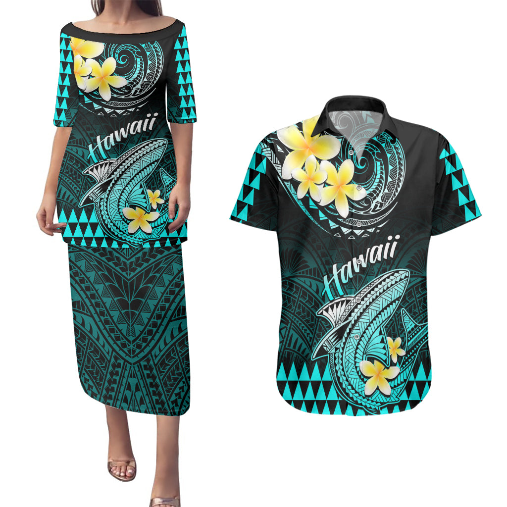 Personalised Hawaii Couples Matching Puletasi Dress and Hawaiian Shirt Polynesian Shark with Kakau Turquoise Version - Wonder Print Shop