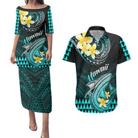 Personalised Hawaii Couples Matching Puletasi Dress and Hawaiian Shirt Polynesian Shark with Kakau Turquoise Version - Wonder Print Shop