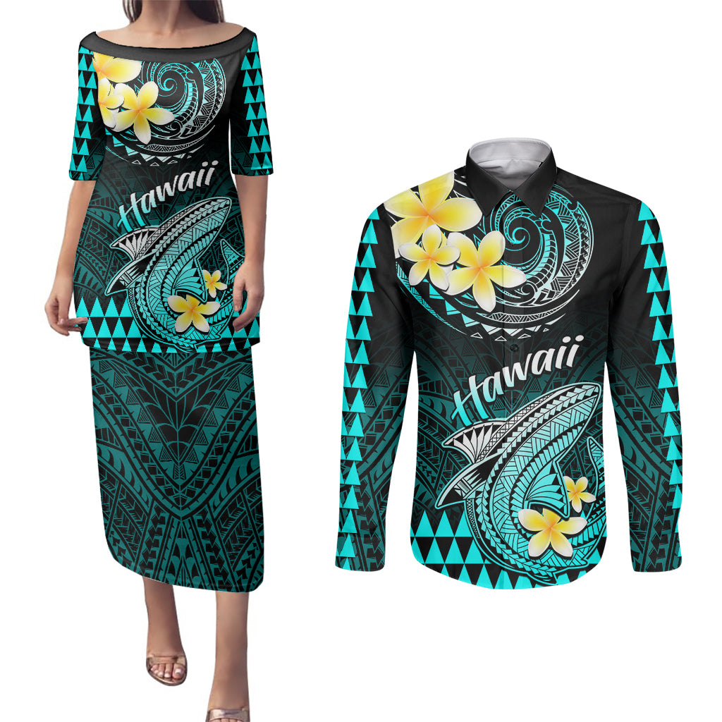 Personalised Hawaii Couples Matching Puletasi Dress and Long Sleeve Button Shirts Polynesian Shark with Kakau Turquoise Version - Wonder Print Shop