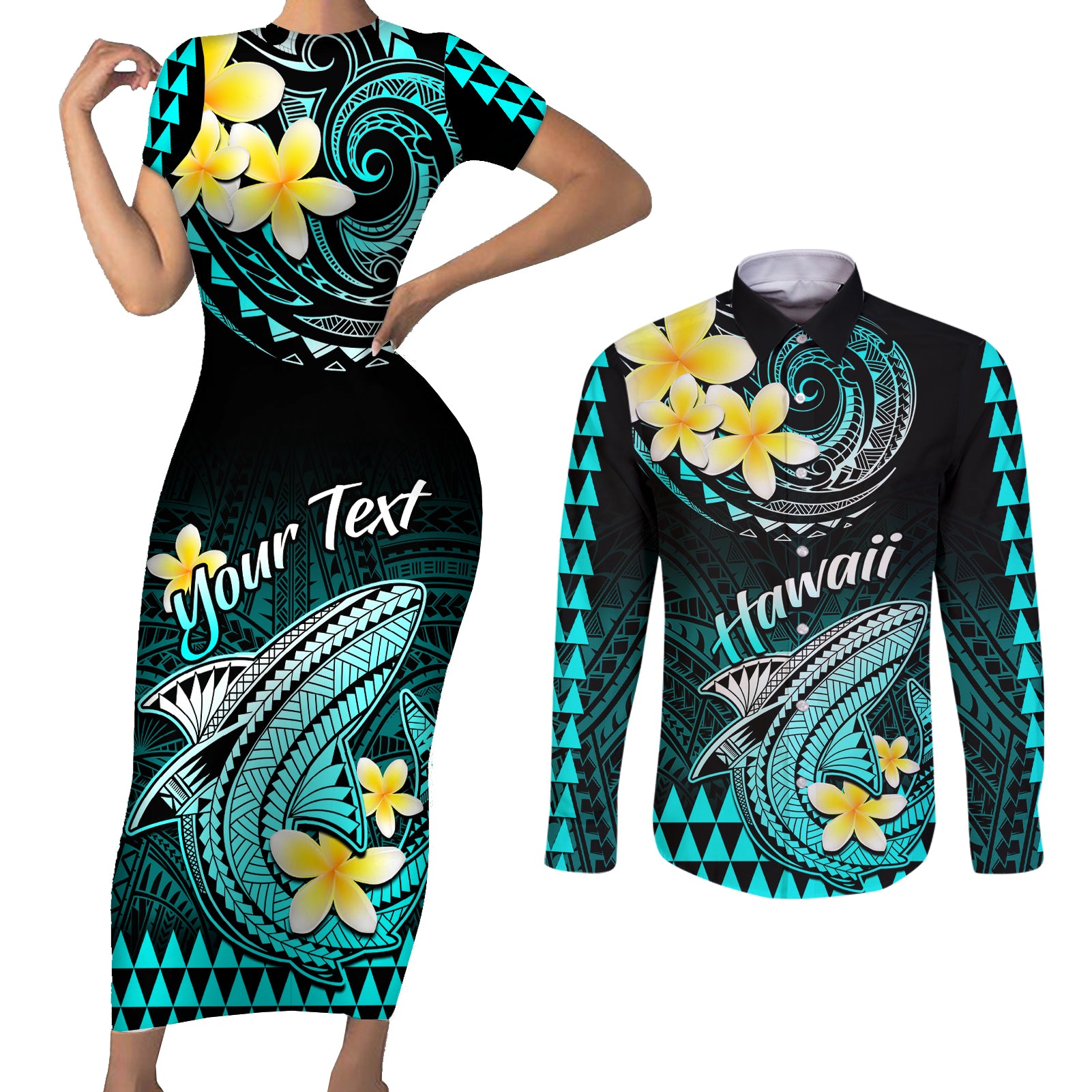 Personalised Hawaii Couples Matching Short Sleeve Bodycon Dress and Long Sleeve Button Shirts Polynesian Shark with Kakau Turquoise Version - Wonder Print Shop