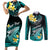 Personalised Hawaii Couples Matching Short Sleeve Bodycon Dress and Long Sleeve Button Shirts Polynesian Shark with Kakau Turquoise Version - Wonder Print Shop
