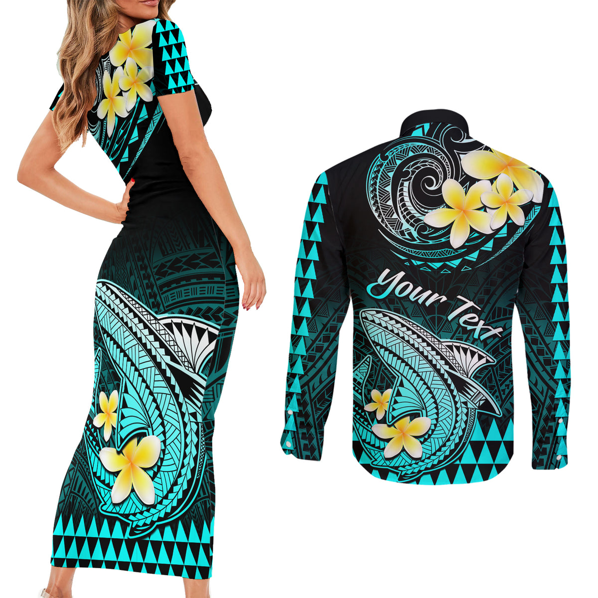 Personalised Hawaii Couples Matching Short Sleeve Bodycon Dress and Long Sleeve Button Shirts Polynesian Shark with Kakau Turquoise Version - Wonder Print Shop