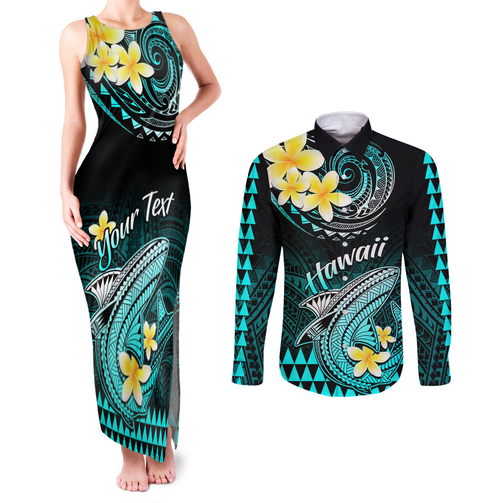 Personalised Hawaii Couples Matching Tank Maxi Dress and Long Sleeve Button Shirts Polynesian Shark with Kakau Turquoise Version - Wonder Print Shop