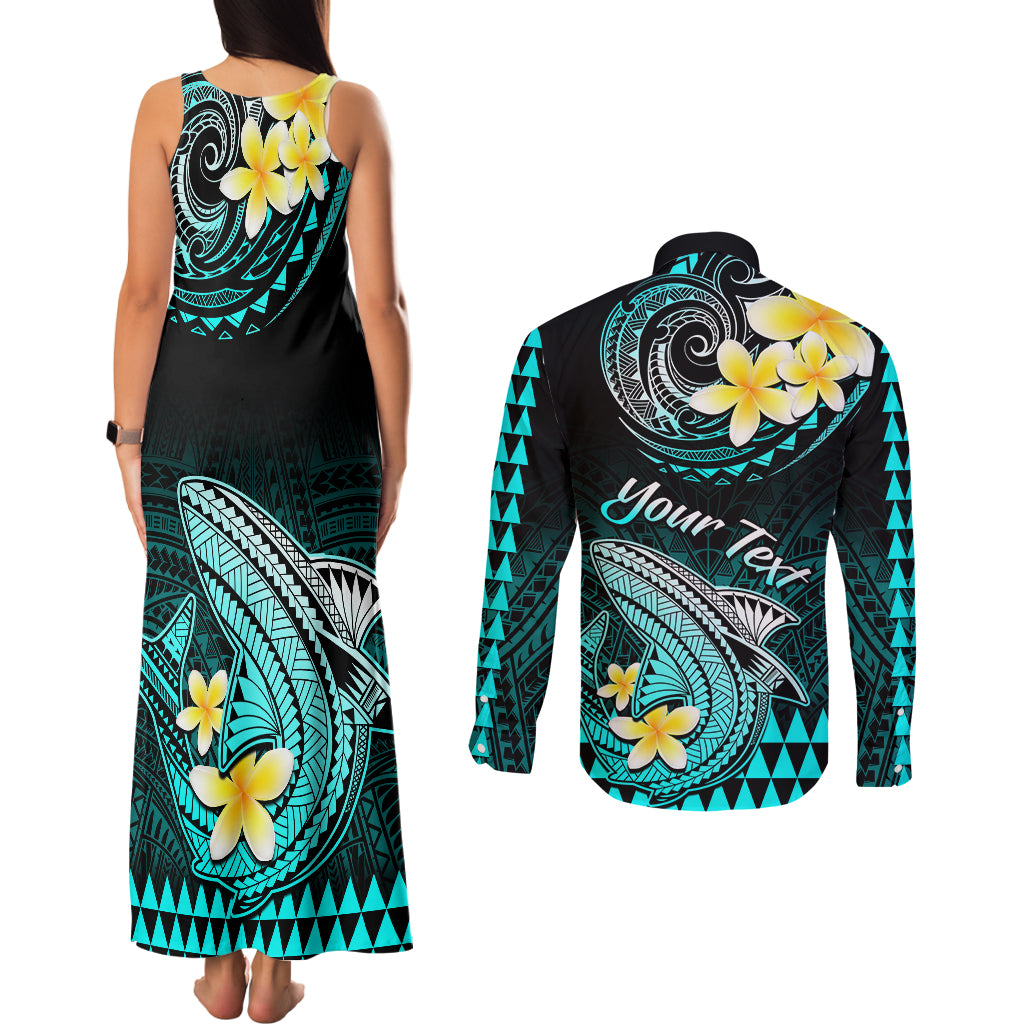 Personalised Hawaii Couples Matching Tank Maxi Dress and Long Sleeve Button Shirts Polynesian Shark with Kakau Turquoise Version - Wonder Print Shop