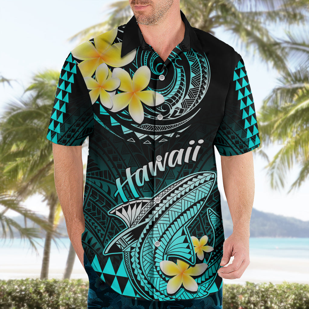 Personalised Hawaii Hawaiian Shirt Polynesian Shark with Kakau Turquoise Version - Wonder Print Shop