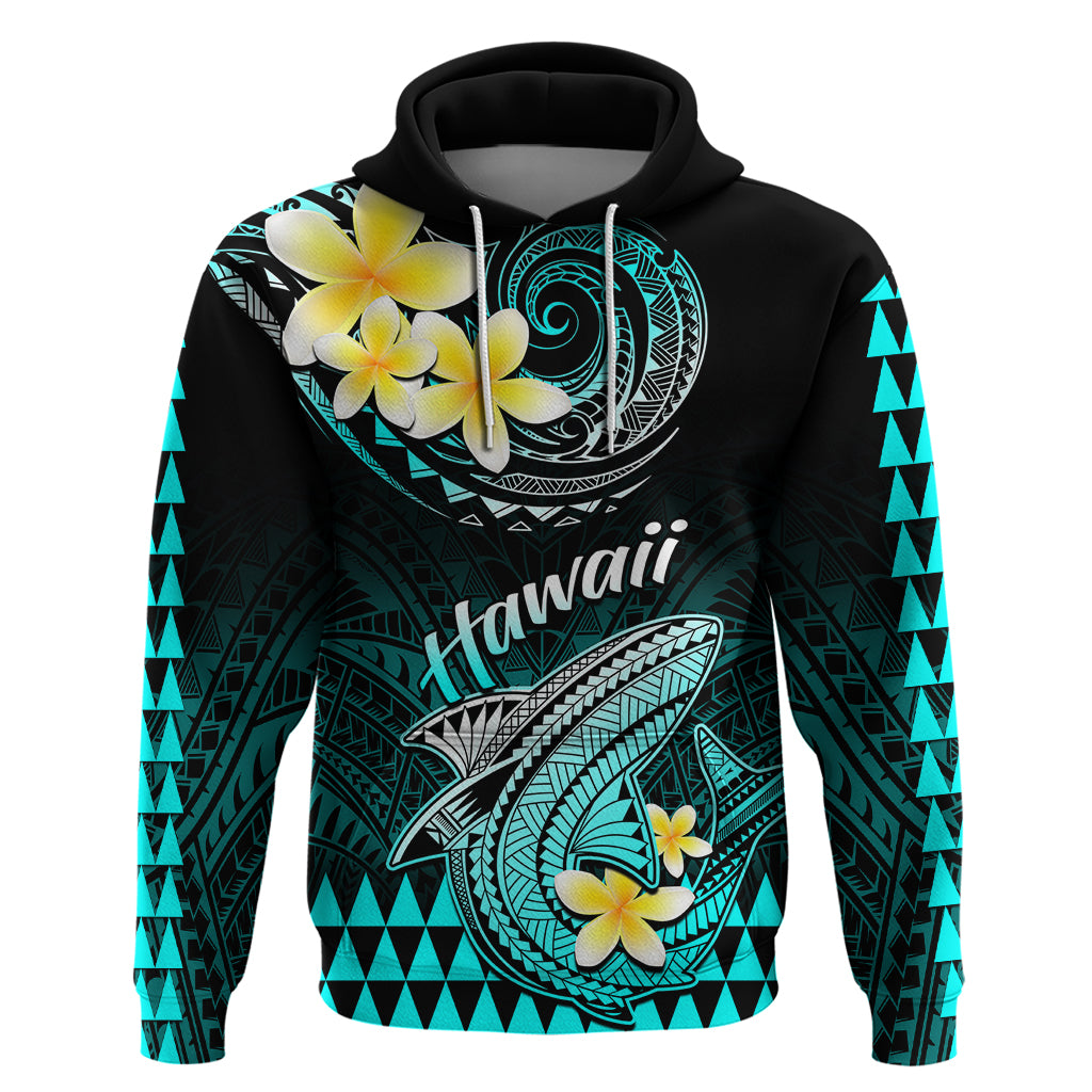 Personalised Hawaii Hoodie Polynesian Shark with Kakau Turquoise Version - Wonder Print Shop