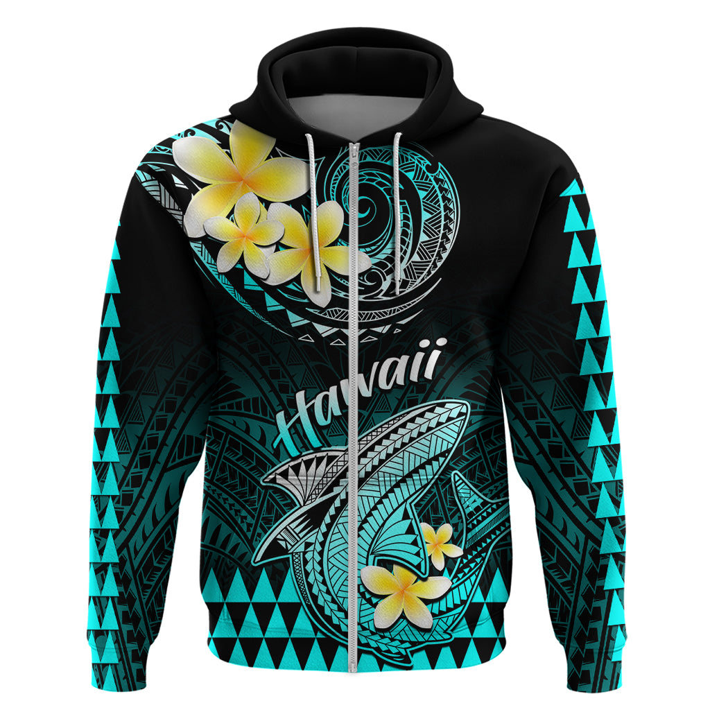 Personalised Hawaii Hoodie Polynesian Shark with Kakau Turquoise Version - Wonder Print Shop