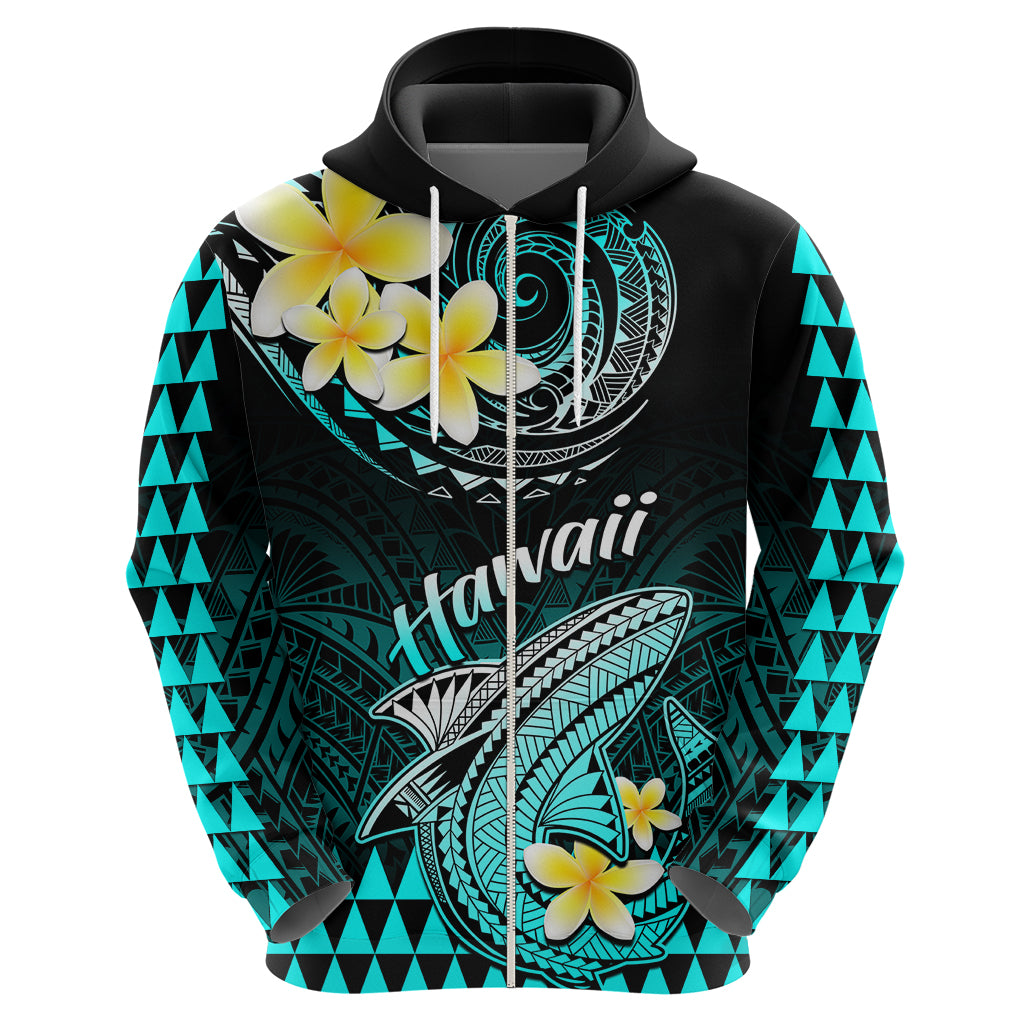 Personalised Hawaii Hoodie Polynesian Shark with Kakau Turquoise Version - Wonder Print Shop