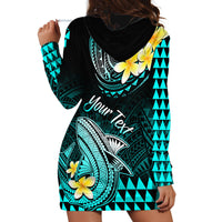 Personalised Hawaii Hoodie Dress Polynesian Shark with Kakau Turquoise Version - Wonder Print Shop