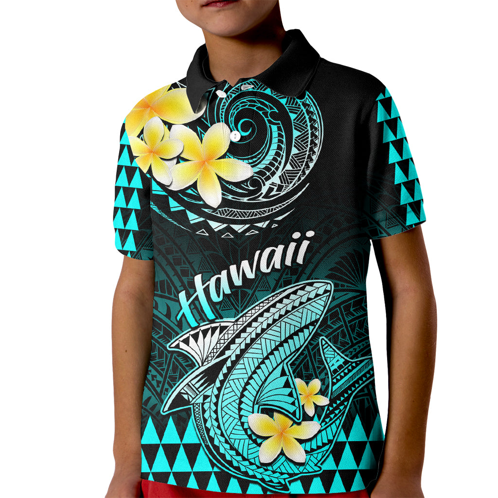 Personalised Hawaii Kid Polo Shirt Polynesian Shark with Kakau Turquoise Version - Wonder Print Shop