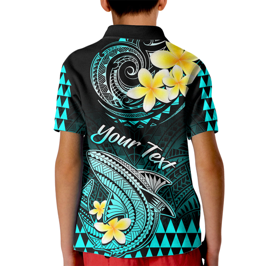 Personalised Hawaii Kid Polo Shirt Polynesian Shark with Kakau Turquoise Version - Wonder Print Shop