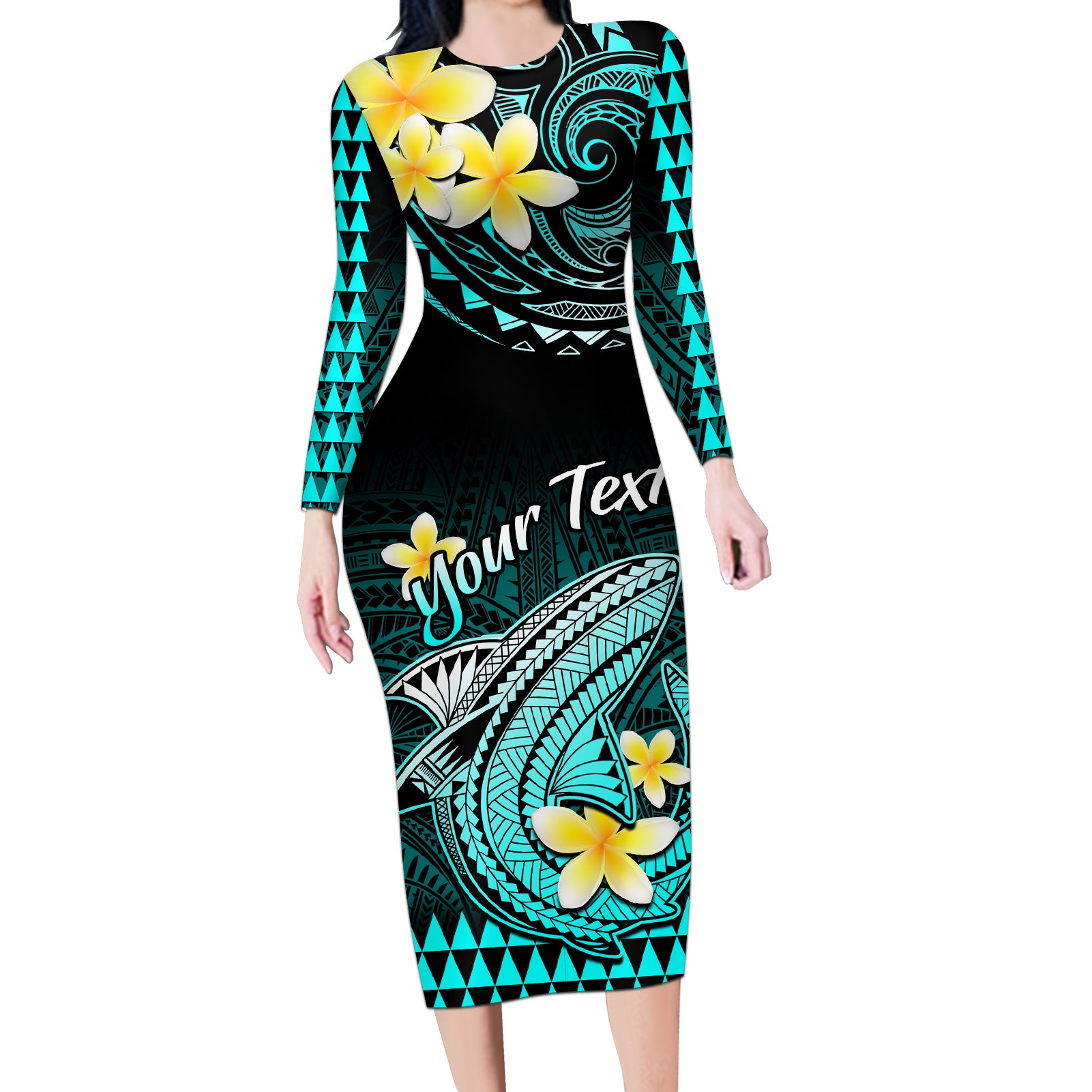 Personalised Hawaii Long Sleeve Bodycon Dress Polynesian Shark with Kakau Turquoise Version - Wonder Print Shop
